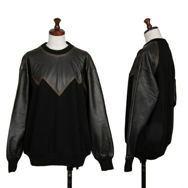ISSEY MIYAKE Leather Zigzag Panel Wool Sweater Black Size M