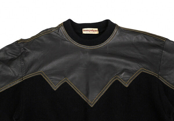 ISSEY MIYAKE Leather Zigzag Panel Wool Sweater Black Size M