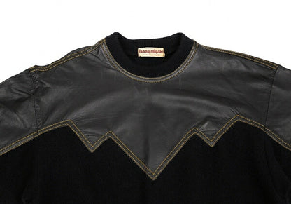 ISSEY MIYAKE Leather Zigzag Panel Wool Sweater Black Size M