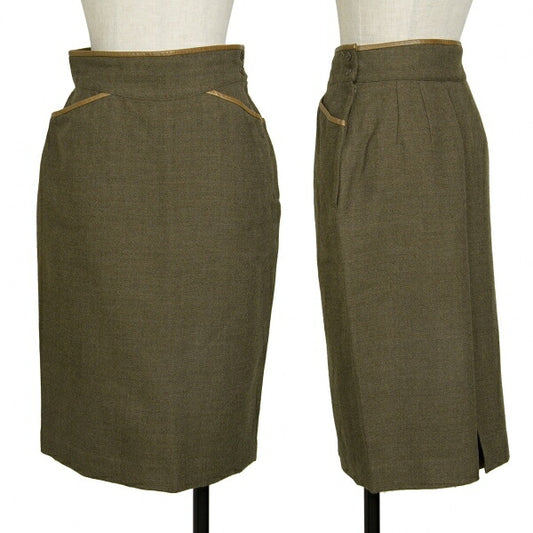 KENZO Wool Cotton Leather Piping Midi Skirt Khaki Size M