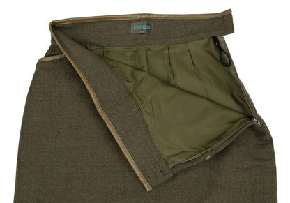 KENZO Wool Cotton Leather Piping Midi Skirt Khaki Size M