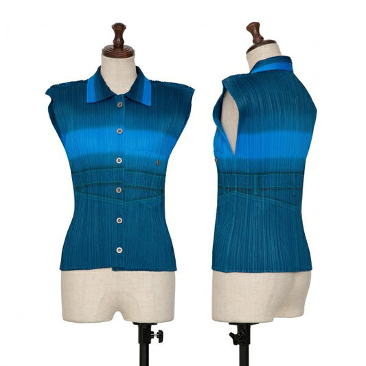 PLEATS PLEASE Pleats Denim Transfer Tank Top Blue Size 3
