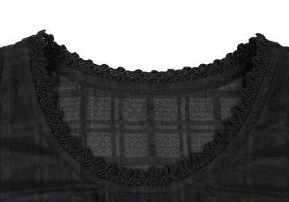 ISSEY MIYAKE HaaT Lace Trim Check Tunic Black Blouse Size 3