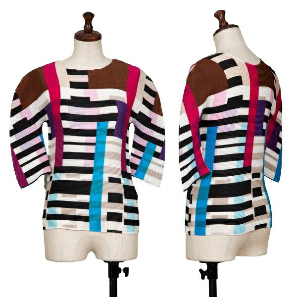 ISSEY MIYAKE me Color Block 3/4 Sleeve Pleats Top Size F