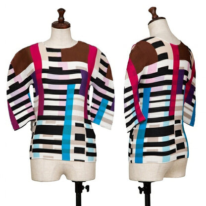 ISSEY MIYAKE me Color Block 3/4 Sleeve Pleats Top Size F