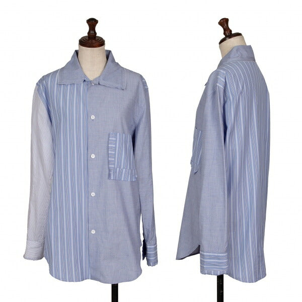 Y's 21SS Cotton Raw Edge Stripe Button-Up Shirt Blue Size 1