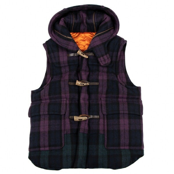 GANRYU Check Hooded Down Vest Purple Green Size S