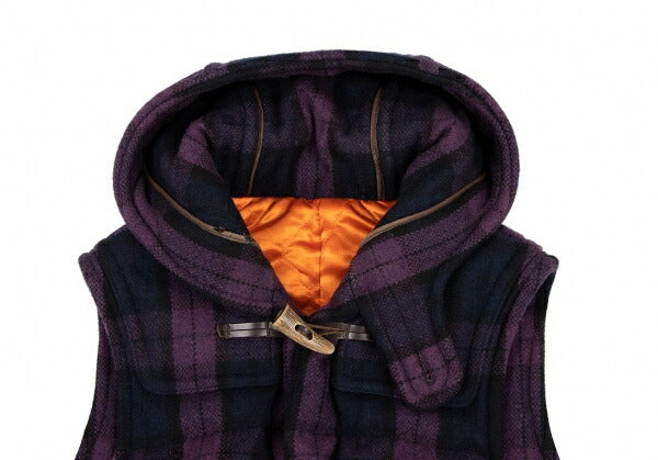 GANRYU Check Hooded Down Vest Purple Green Size S