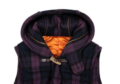 GANRYU Check Hooded Down Vest Purple Green Size S