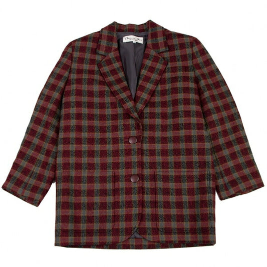 Christian Dior Wool Block Check Jacket Red Black Gray Size S