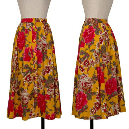 Christian Dior Rose Print Flare Midi Yellow Multi Skirt Size L