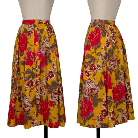 Christian Dior Rose Print Flare Midi Yellow Multi Skirt Size L