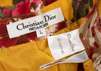 Christian Dior Rose Print Flare Midi Yellow Multi Skirt Size L