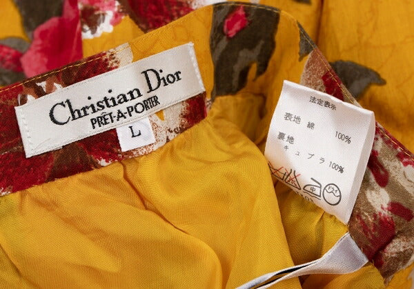Christian Dior Rose Print Flare Midi Yellow Multi Skirt Size L