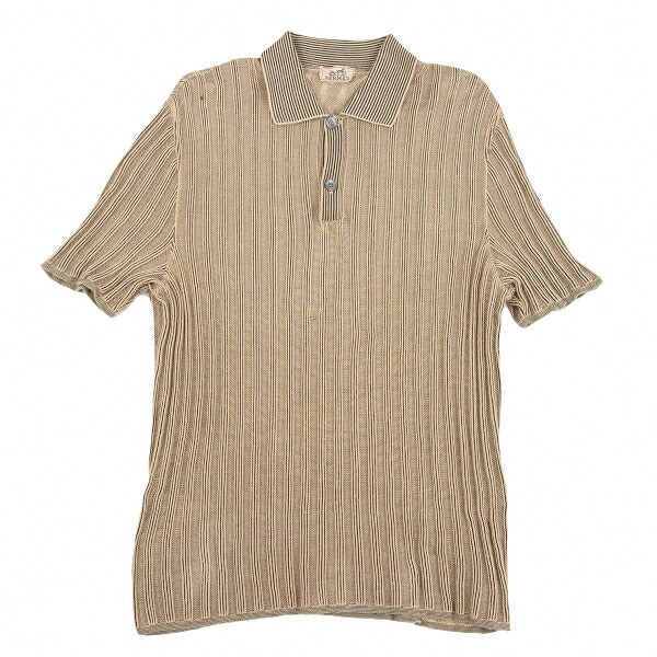 HERMES Cotton Stripe Knit Polo Shirt Beige Black Size M