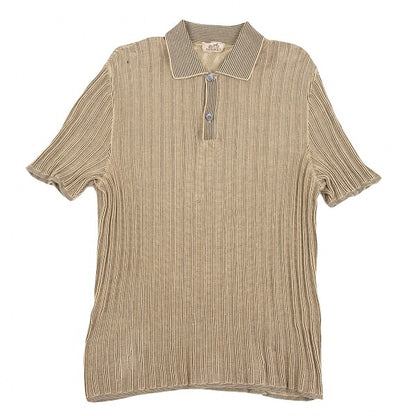 HERMES Cotton Stripe Knit Polo Shirt Beige Black Size M