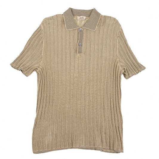 HERMES Cotton Stripe Knit Polo Shirt Beige Black Size M