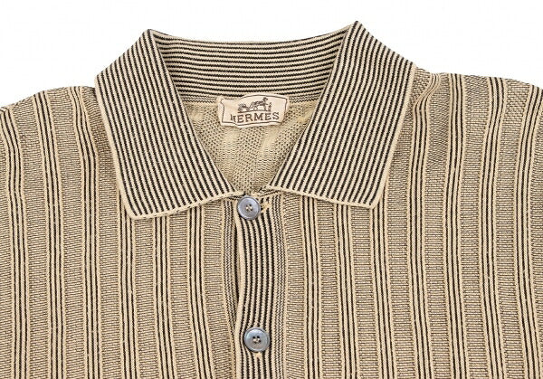 HERMES Cotton Stripe Knit Polo Shirt Beige Black Size M