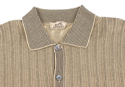 HERMES Cotton Stripe Knit Polo Shirt Beige Black Size M