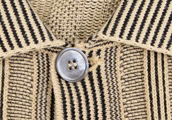 HERMES Cotton Stripe Knit Polo Shirt Beige Black Size M