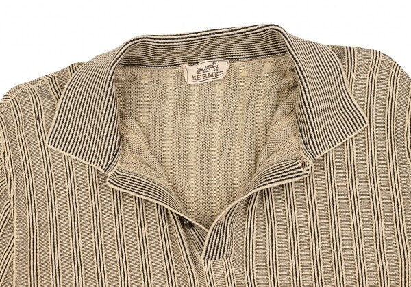 HERMES Cotton Stripe Knit Polo Shirt Beige Black Size M