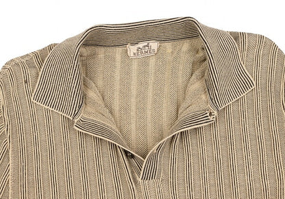HERMES Cotton Stripe Knit Polo Shirt Beige Black Size M