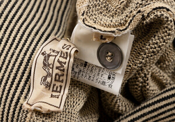 HERMES Cotton Stripe Knit Polo Shirt Beige Black Size M