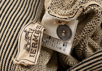 HERMES Cotton Stripe Knit Polo Shirt Beige Black Size M