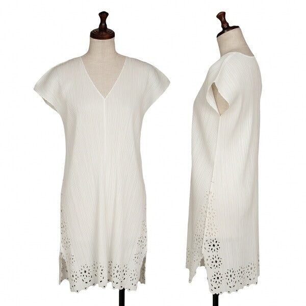PLEATS PLEASE Pleated V-Neck Tunic Off-White Blouse Size 3