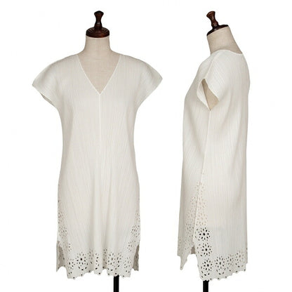 PLEATS PLEASE Pleated V-Neck Tunic Off-White Blouse Size 3