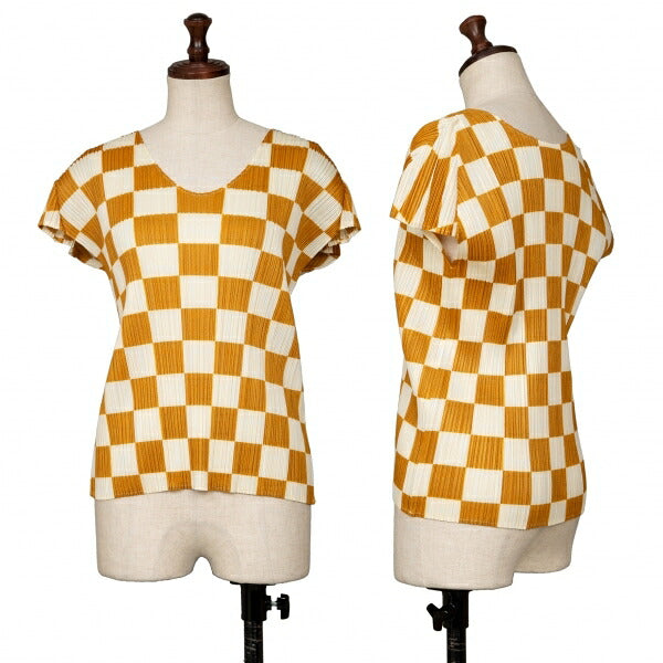 PLEATS PLEASE Pleated Checker Print T-Shirt Brown Size 3