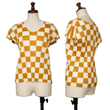 PLEATS PLEASE Pleated Checker Print T-Shirt Brown Size 3