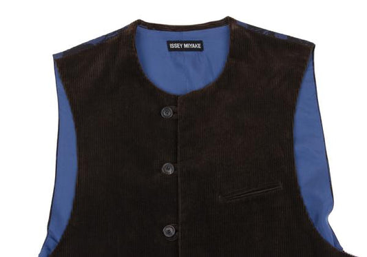 ISSEY MIYAKE MEN No Collar Panel Corduroy Brown Blue Vest Size M