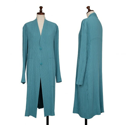 ISSEY MIYAKE 22SS Pleated Collarless Long Light Blue Jacket Size 2