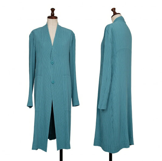 ISSEY MIYAKE 22SS Pleated Collarless Long Light Blue Jacket Size 2