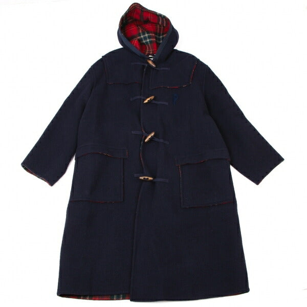 Papas Wool Checker Lining Duffle Coat Blue Size L