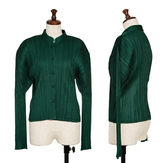 PLEATS PLEASE China Button Mao Collar Dark Green Blouse Size 3