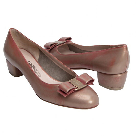 Salvatore Ferragamo Ribbon Leather Pumps Pink Gold Size 24CM