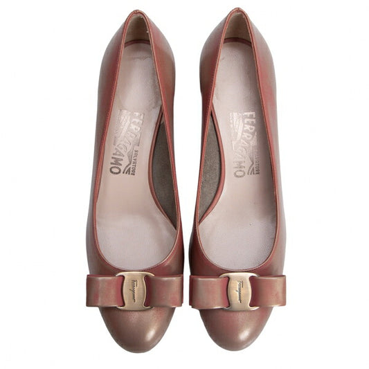 Salvatore Ferragamo Ribbon Leather Pumps Pink Gold Size 24CM