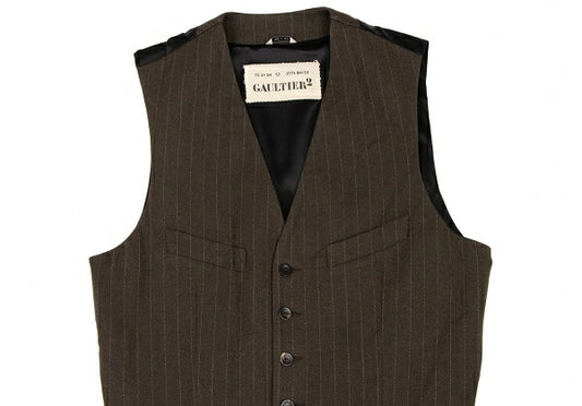 GAULTIER Wool Stripe Vest Brown Size 50