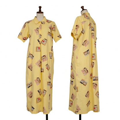 PINK HOUSE Cat Print Pullover Short Dress Yellow Size L