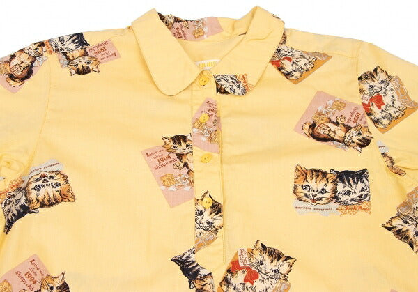 PINK HOUSE Cat Print Pullover Short Dress Yellow Size L