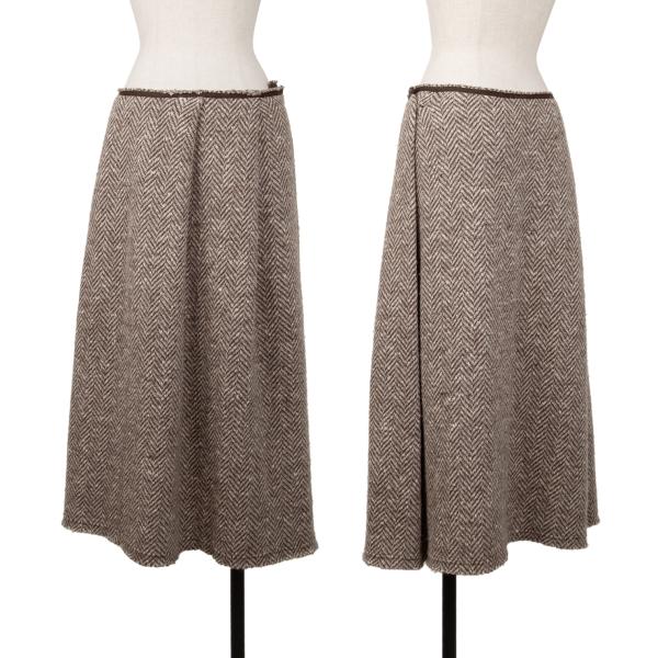 Y's Wool Herringbone Tuck A-Line Midi Skirt Mocha Size 3