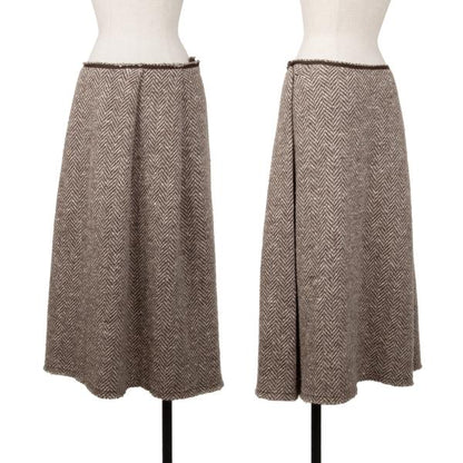 Y's Wool Herringbone Tuck A-Line Midi Skirt Mocha Size 3