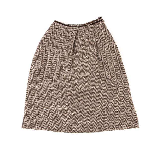Y's Wool Herringbone Tuck A-Line Midi Skirt Mocha Size 3