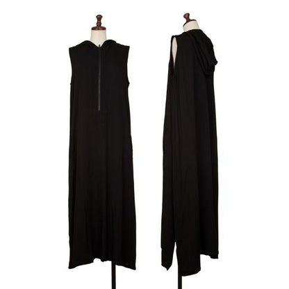 Y's Half-Zip Hooded Sleeveless Midi Dress Black Size 2