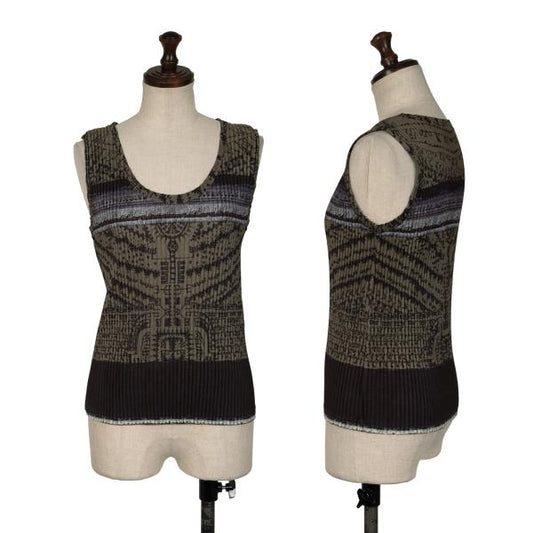 ISSEY MIYAKE Pleated Fringe Allover Print Top Green Size M