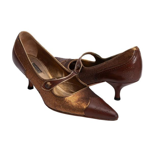 PRADA Sequin Design Leather Heels Brown Size 34 (22cm)