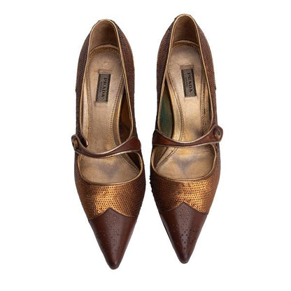 PRADA Sequin Design Leather Heels Brown Size 34 (22cm)