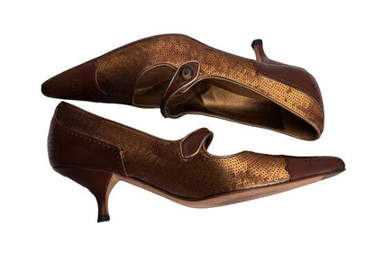 PRADA Sequin Design Leather Heels Brown Size 34 (22cm)